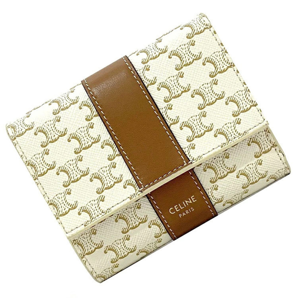 Celine Trifold Wallet Triomphe Leather All Over Macadam Compact White Brown